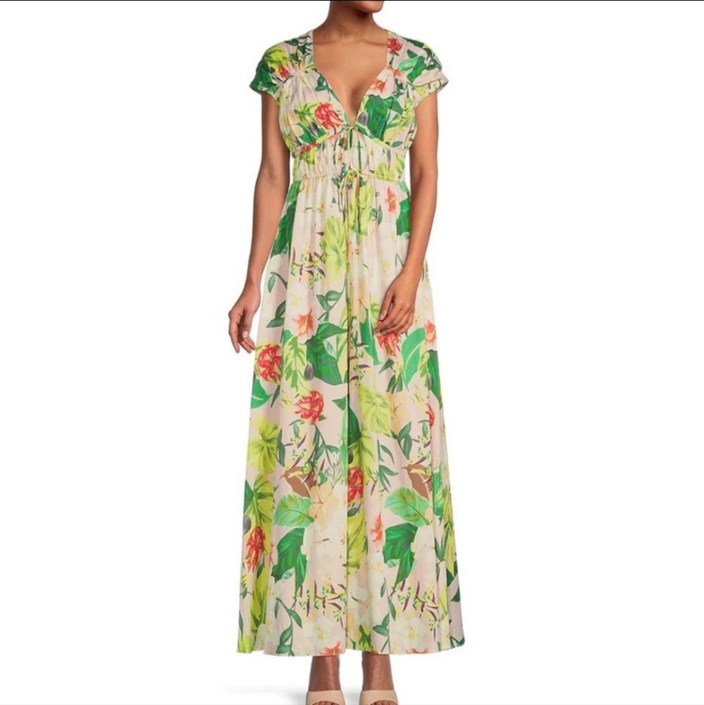 Antonio Melani Vitoria Pink Tropical Print Plunge V-Neck Cap Sleeve Maxi…